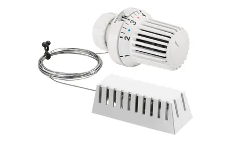 Oventrop-Thermostat mit verstellbarem Regler und Fernfühler. Verbindung mit Draht. Geeignet zur Temperatureinstellung in Heizsystemen.